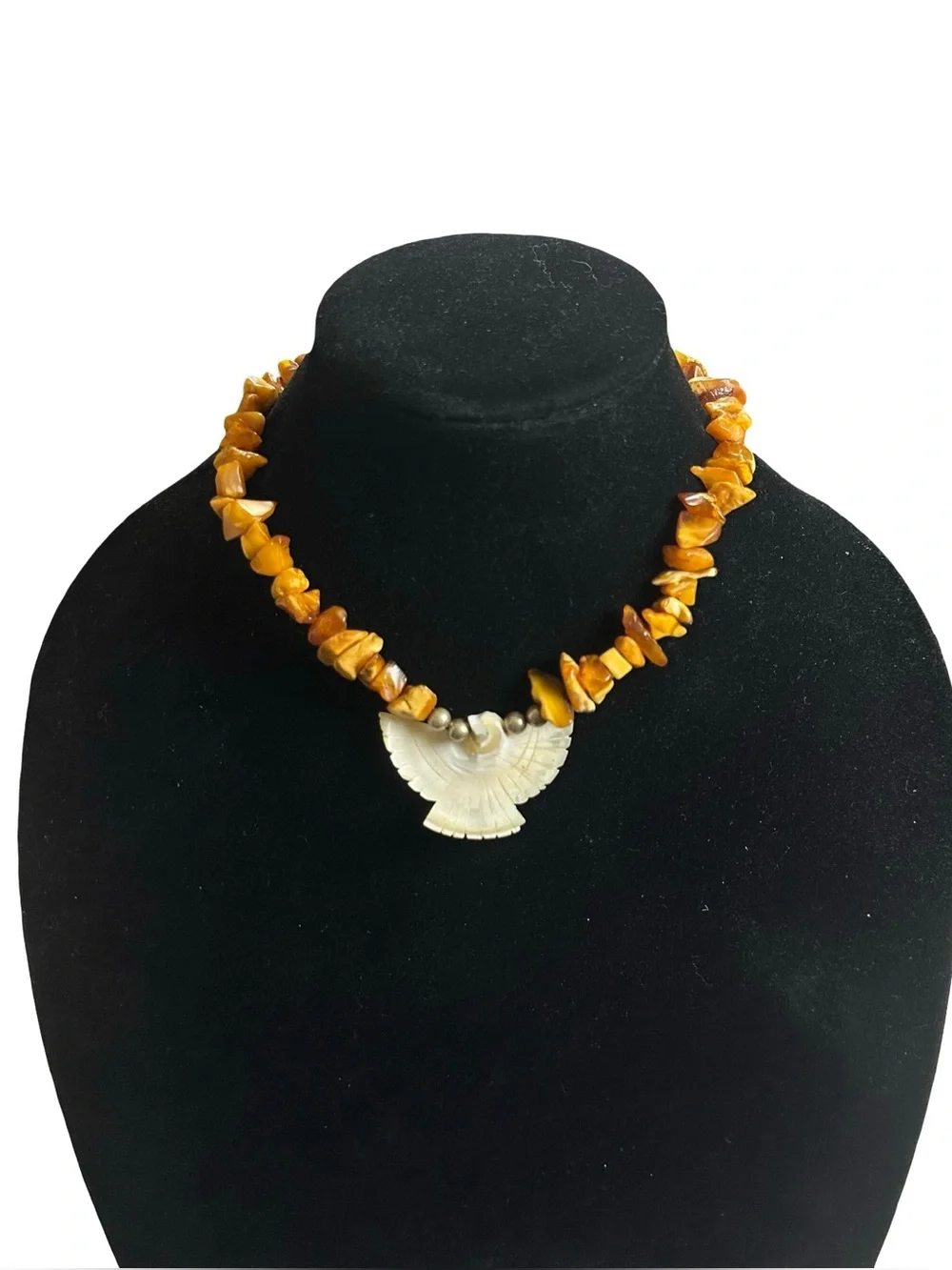 Vtg Baltic Amber Chip Choker Necklace Carved Shell Bird Pendant Genuine 16in 33g